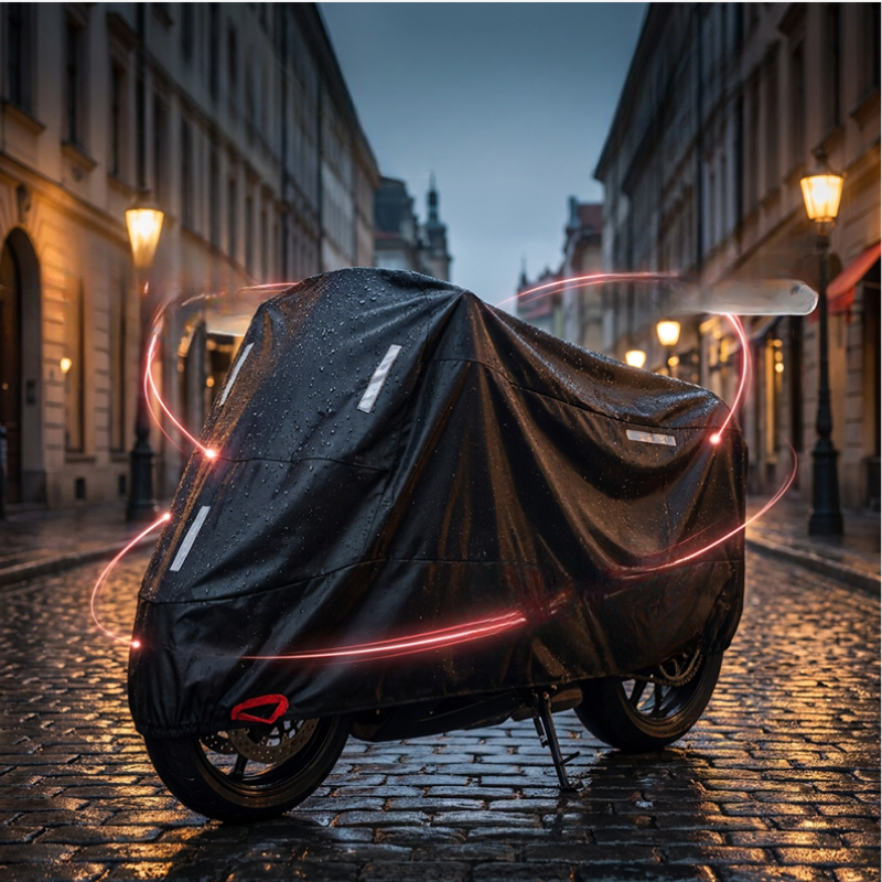 MotoShield - Funda para motocicleta con tiras reflectantes y aberturas reforzadas para candado