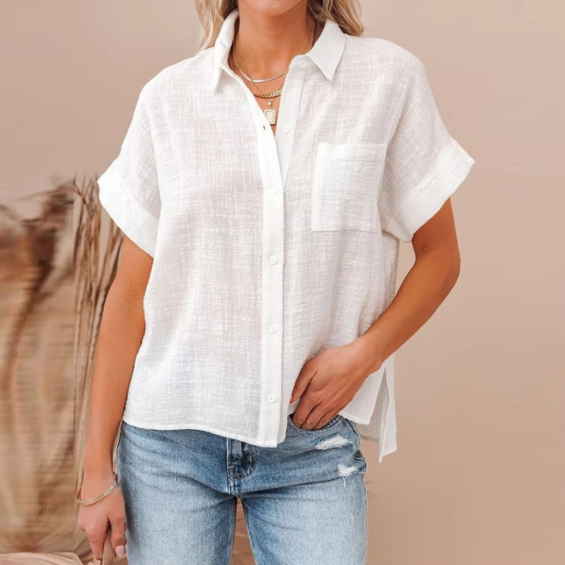 Kimberly – Blouse with Short Sleeves, Buttons, and Front Pocket