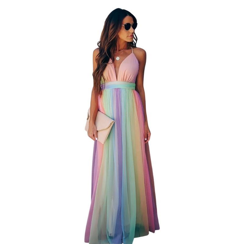 Kiera - Rochie maxi fără mâneci cu imprimeu curcubeu și decolteu în V