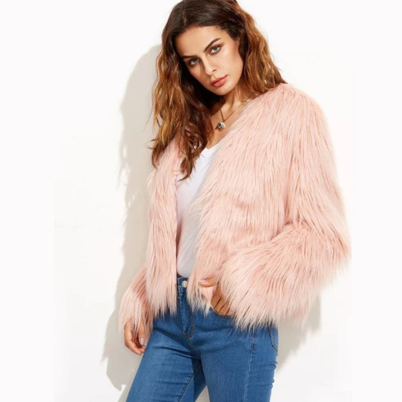 Aveline – Long Sleeve Faux Fur Jacket with Round Neck