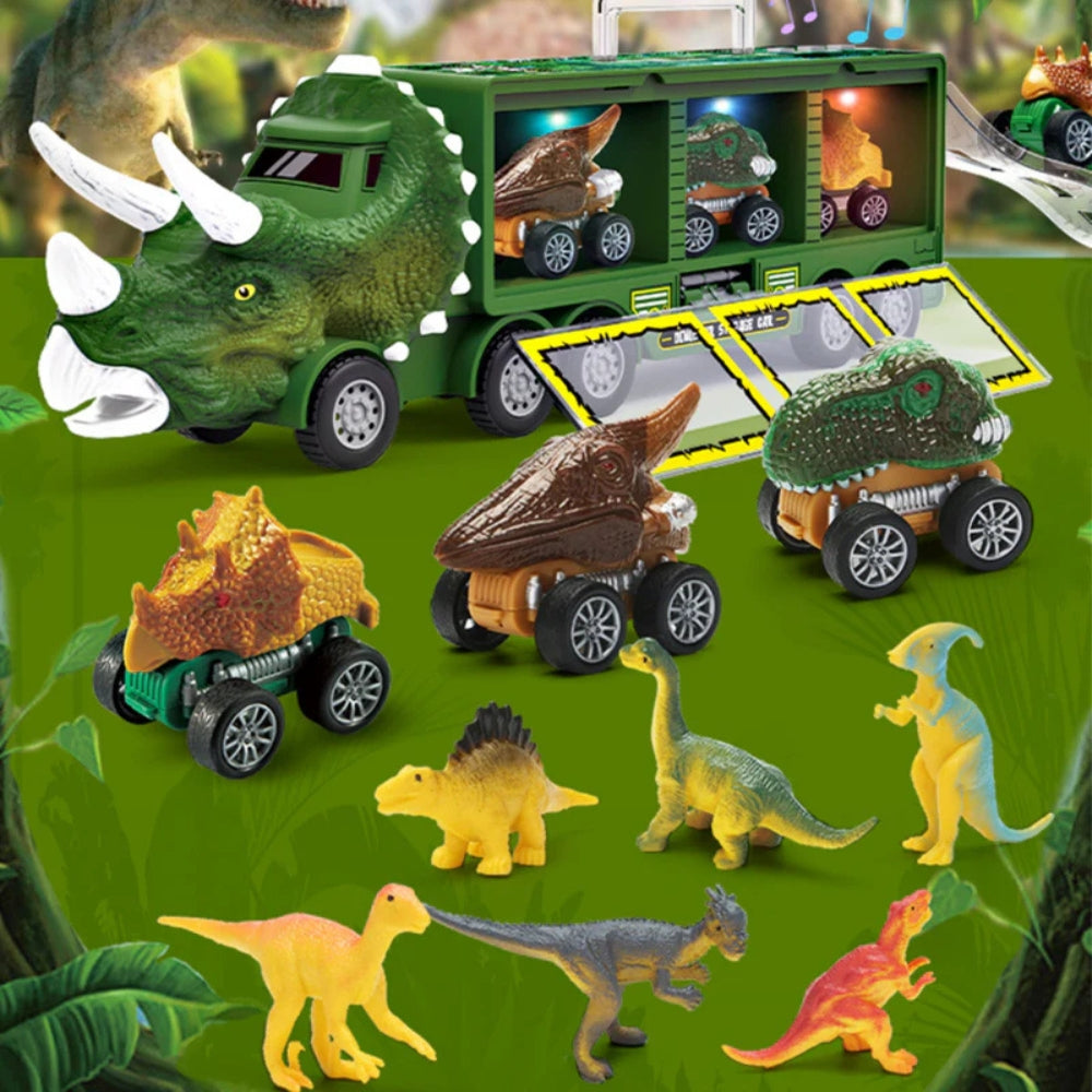 DinoHaul – Zabawka ciężarówka transportowa dinozaurów z mini samochodzikami i efektami dźwiękowymi