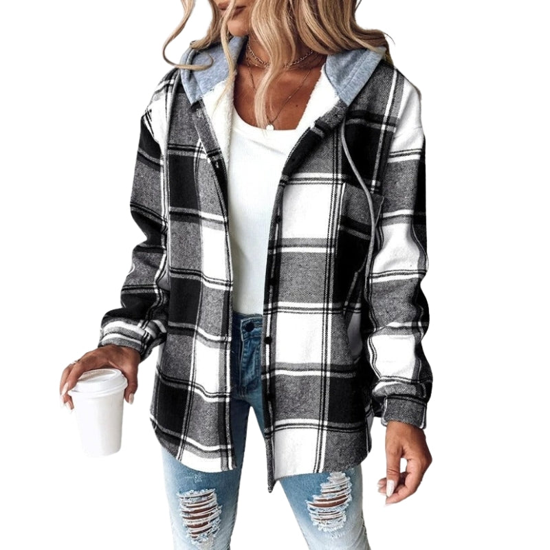 Amelia - Hooded Jacket with Button Closure and Check Pattern