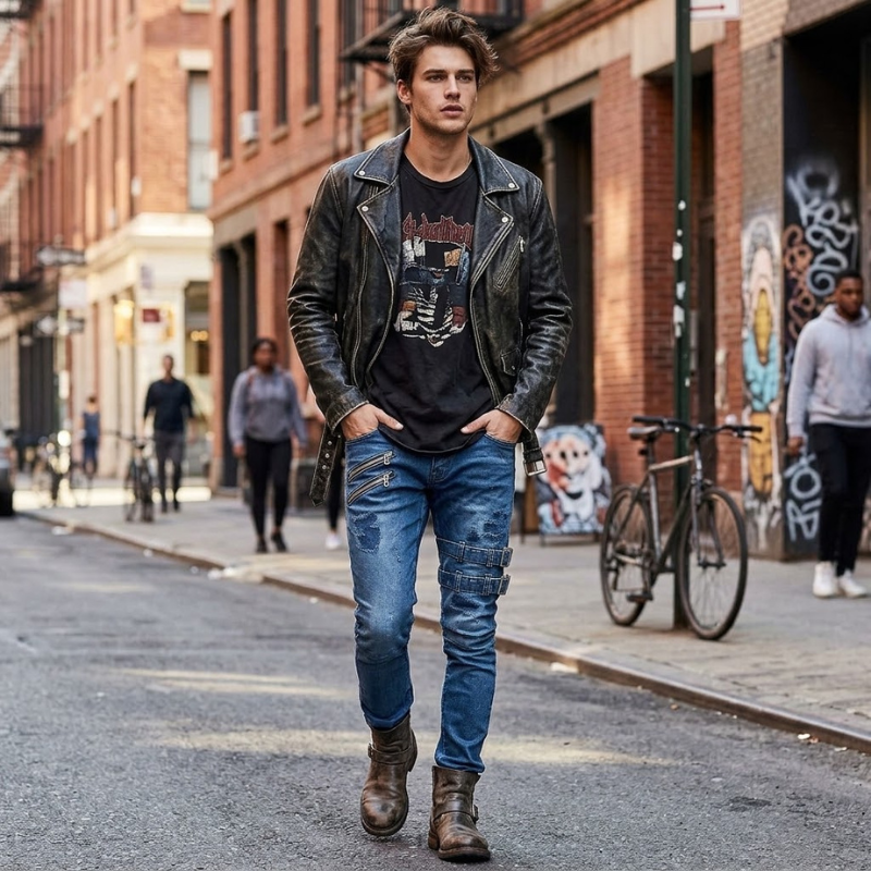 Denimly - Skinny Distressed Jeans with Zipper and Buckle Details