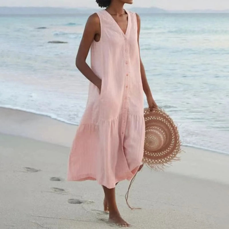 Robe mini sans manches à col en V avec boutons sur le devant et poches pour femme