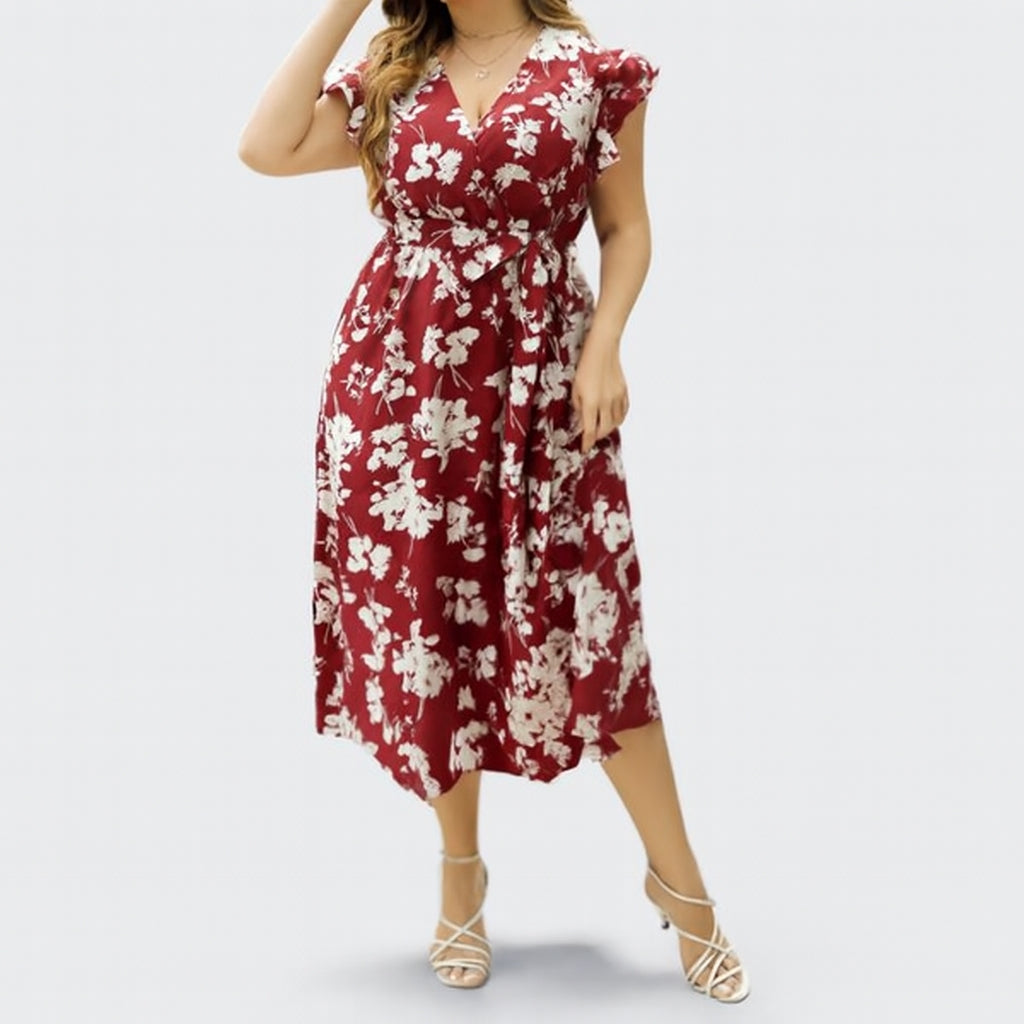 Yvonne - Sukienka midi plus size w kształcie litery A z kwiatowym wzorem i dekoltem w serek