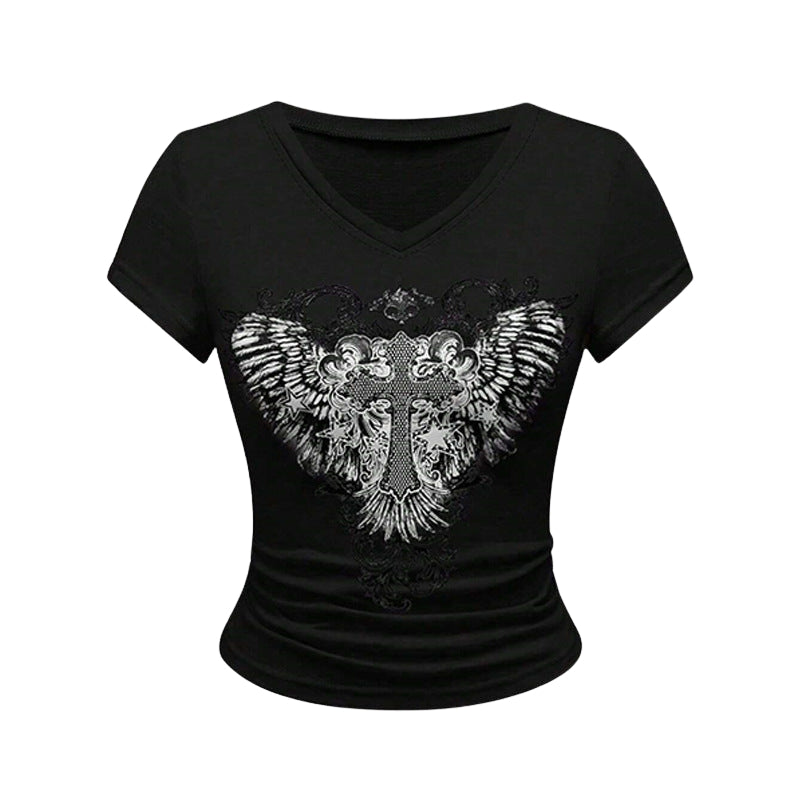 Layla - T-shirt z Graficznym Wzorem i Dekoltem w Serek