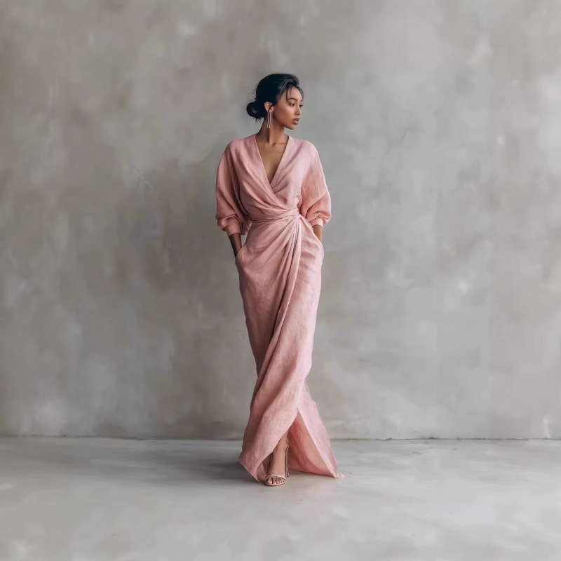 Robe longue pour femme à col en V avec taille drapée