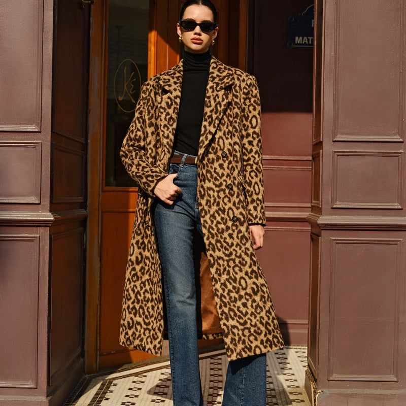 Bethany – Long Sleeve Leopard Print Trench Coat With Pockets