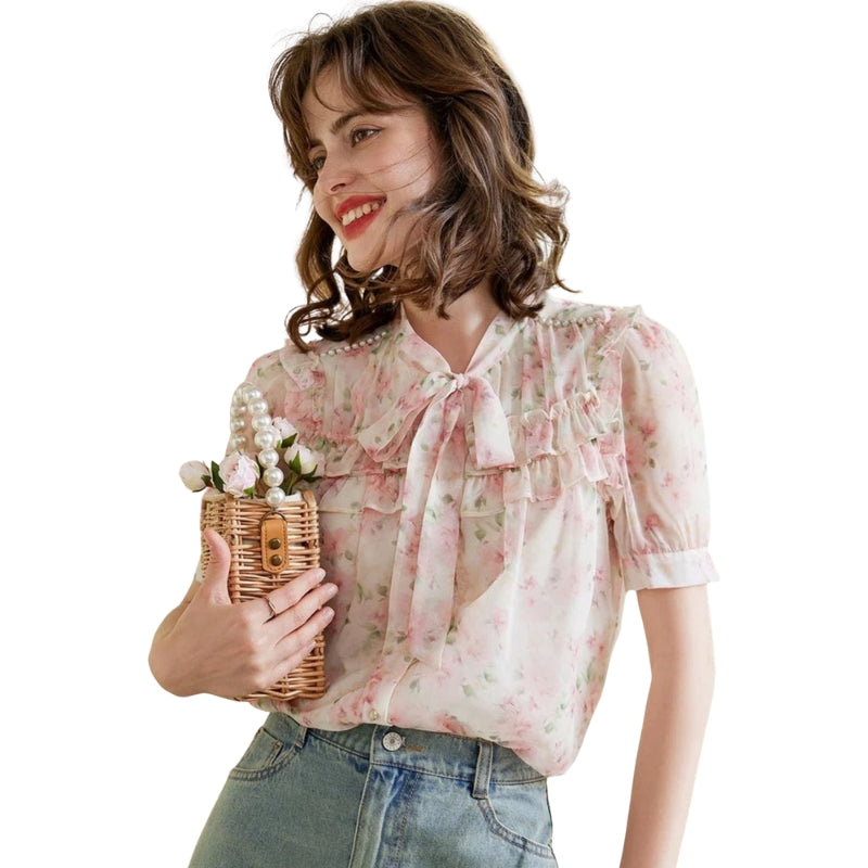 Emily – Short Sleeve Floral Blouse with Tie and Pearl Accents
