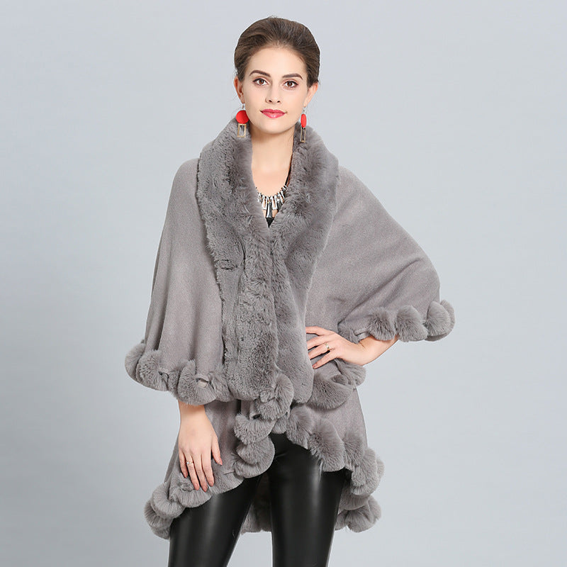 Goldie - Poncho con scollo a V e collo in pelliccia