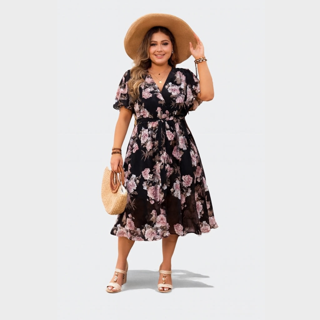 Linda - Sukienka midi plus size w kwiaty z rękawami motylkowymi i paskiem