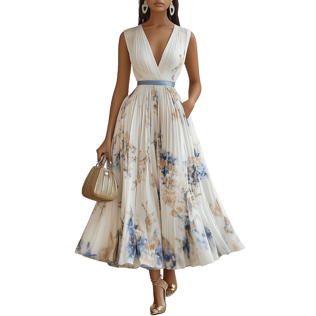 Jennifer - Vestito maxi floreale senza maniche con scollo profondo a V e vita regolabile