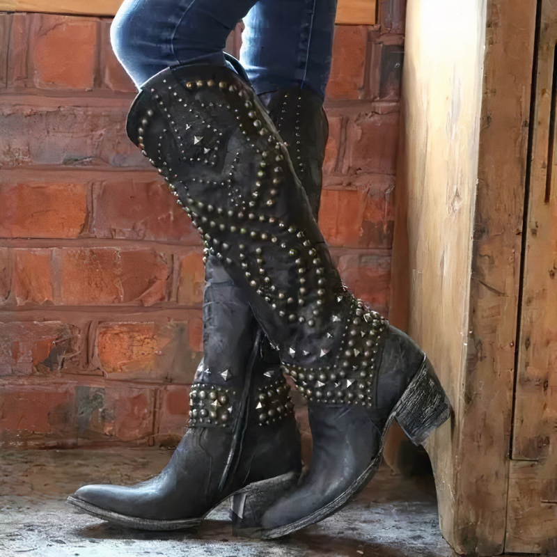 Harper - Knee High Boots with Decorative Beads Design