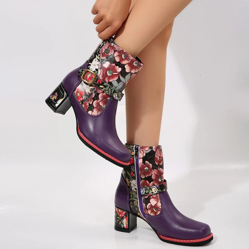 Salyra - Women's Salyra Ankle Boots | Round Toe, Floral Print, PU | Side Zip & Buckle Closure | 36–43