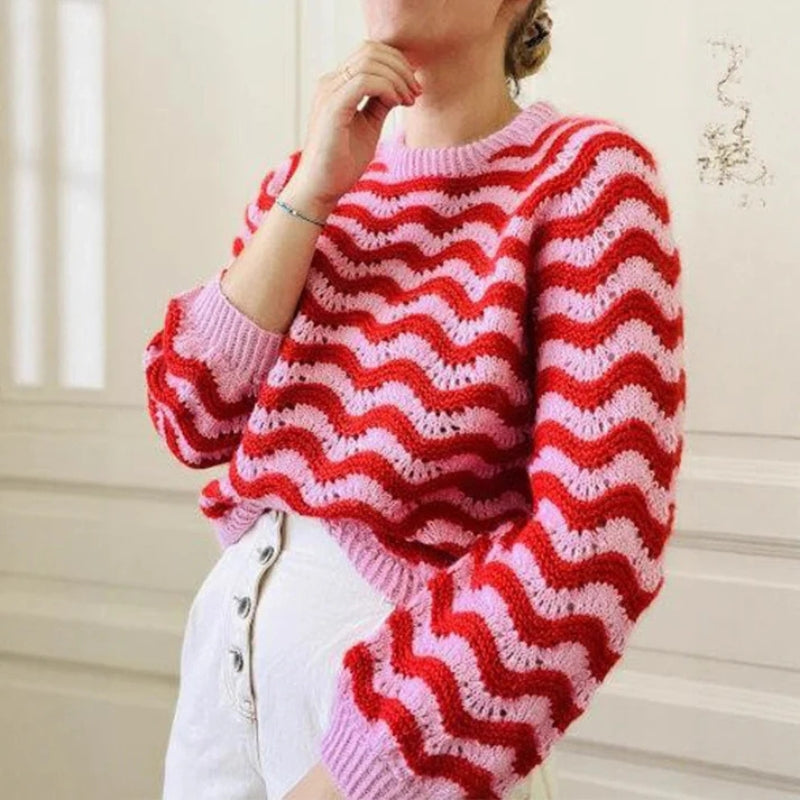 Zafira – Maglione con maniche lunghe, motivo ondulato e scollo rotondo