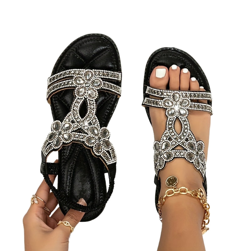 Selina – T-strap sandals with flower accents and rhinestones