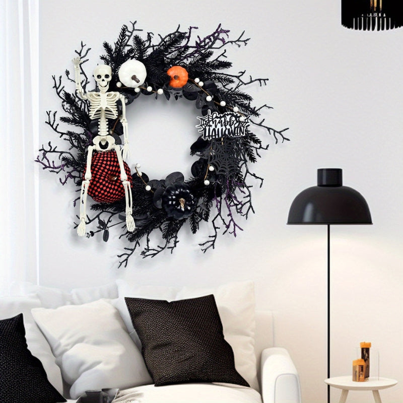 Halloween Wreath with Skeleton and Pumpkin Decor