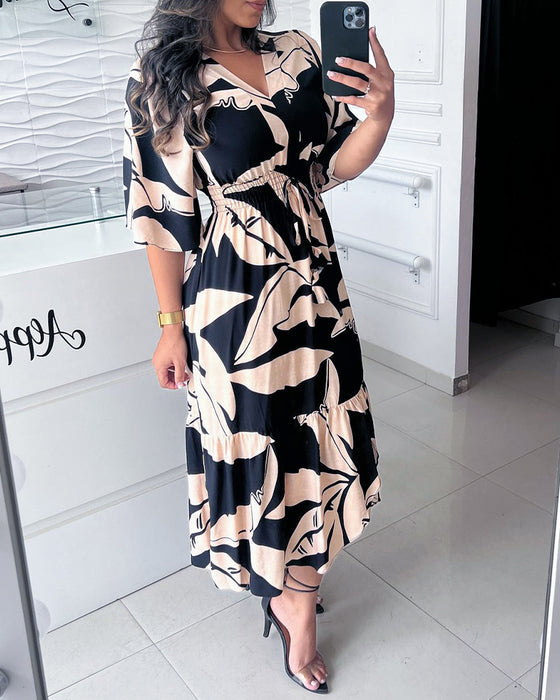 LuxeFlow™️ - Robe Femme Col V Imprimée
