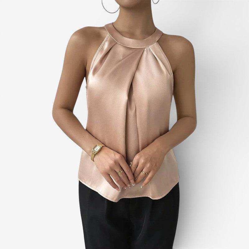 Blouse sans manches plissée drapée pour femme avec col rond