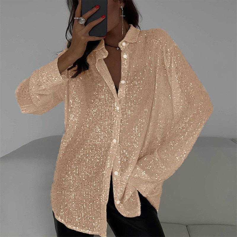 Luna - Bluza cu paiete, mâneci lungi și guler clasic
