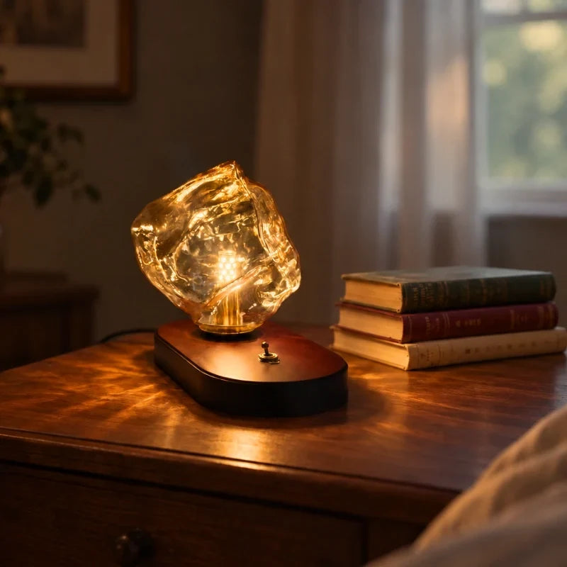 Amberoak - Lampa stołowa z bursztynowym kloszem i dębową podstawą