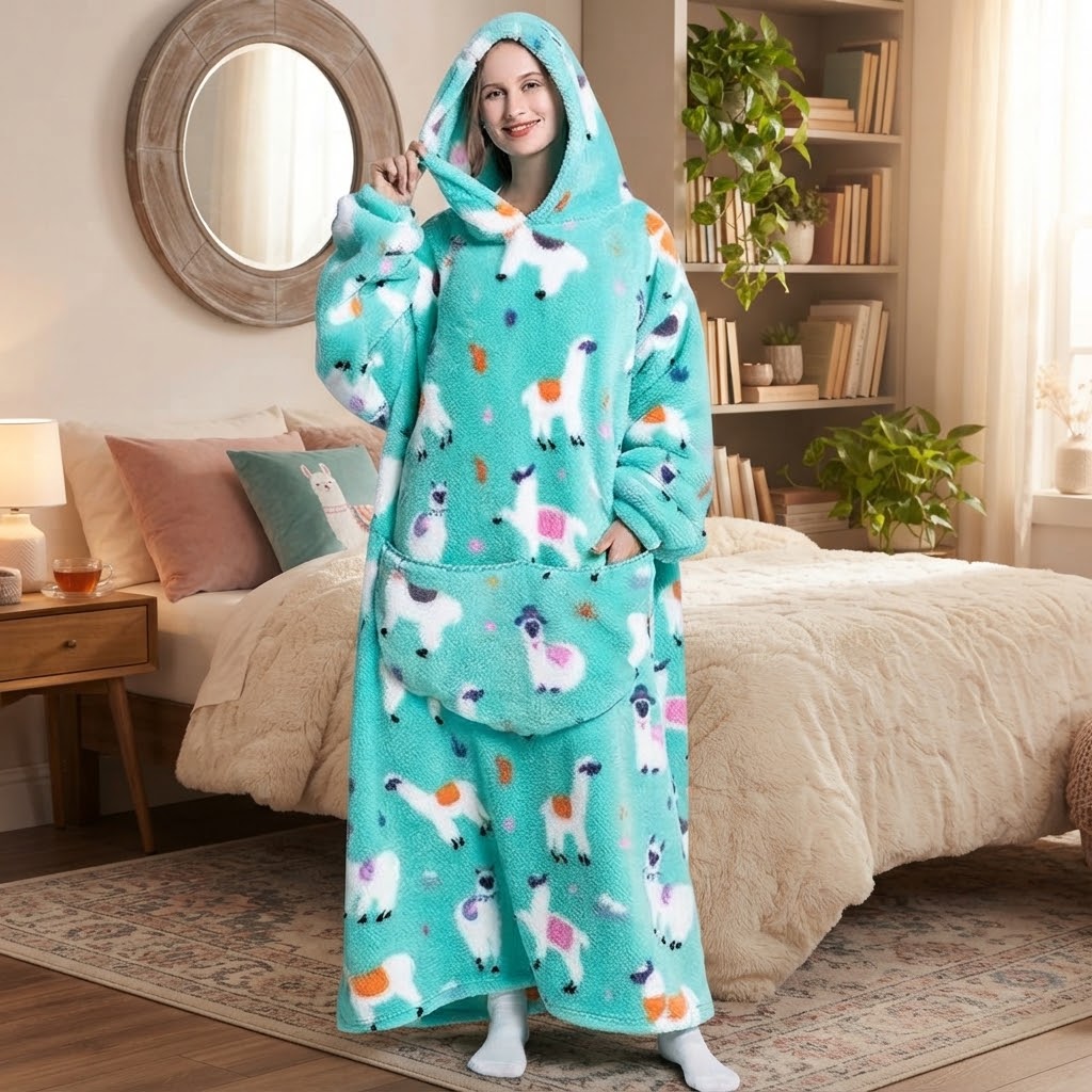 MaxiHood - Coperta felpata con cappuccio extra lunga con stampa di alpaca