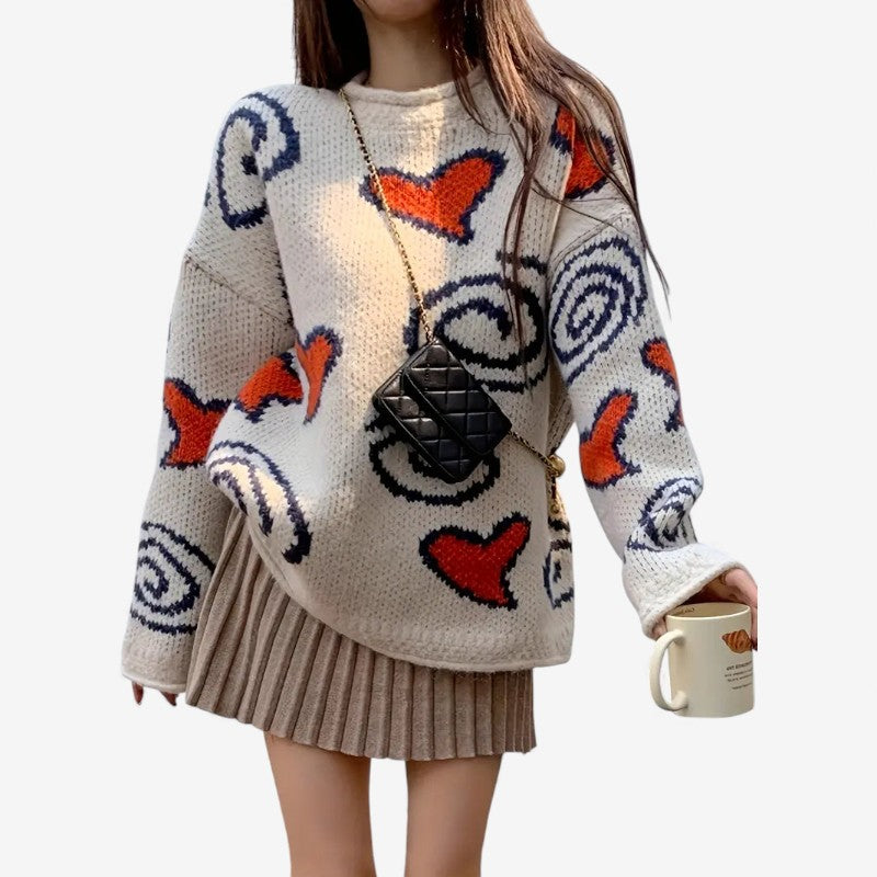 Amber – Pull oversize à manches longues col rond avec motif cœur