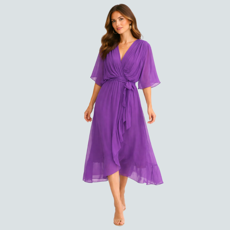 Women’s Midi Dress with V-Neck and Batwing Sleeve Design