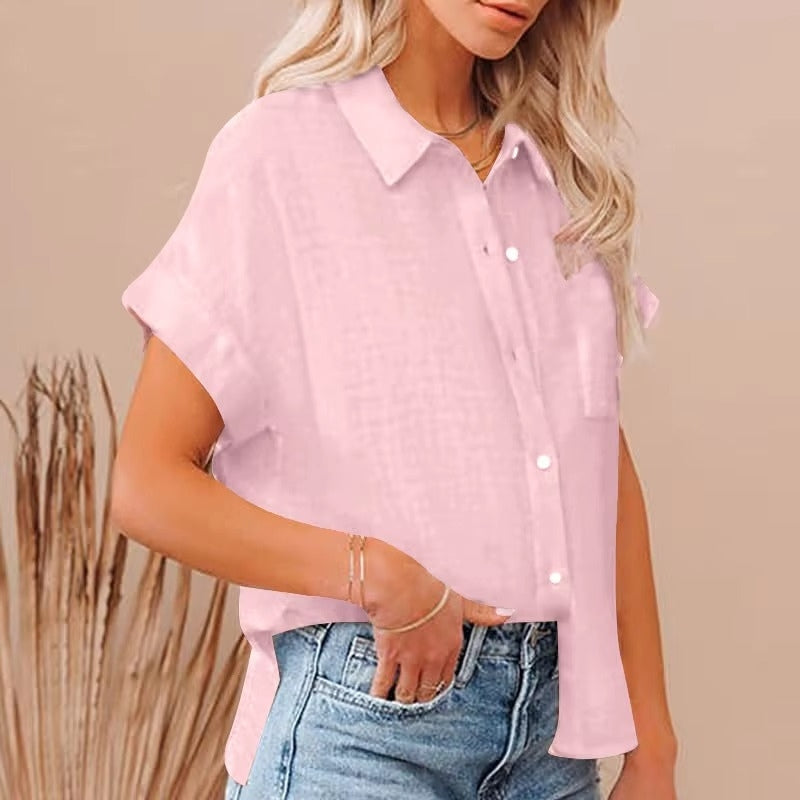 Kimberly – Blouse with Short Sleeves, Buttons, and Front Pocket