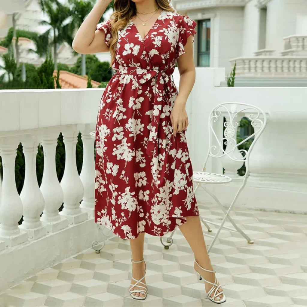Yvonne - Sukienka midi plus size w kształcie litery A z kwiatowym wzorem i dekoltem w serek