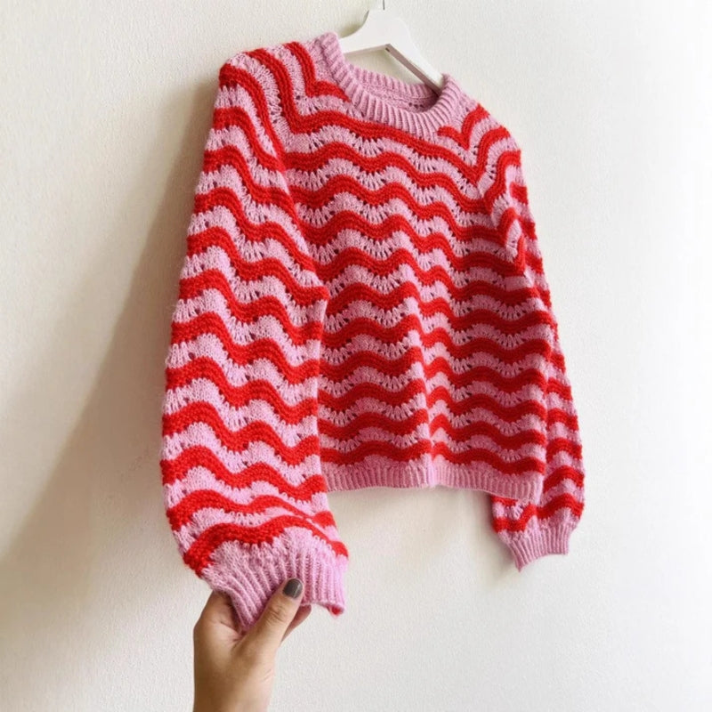 Zafira – Maglione con maniche lunghe, motivo ondulato e scollo rotondo