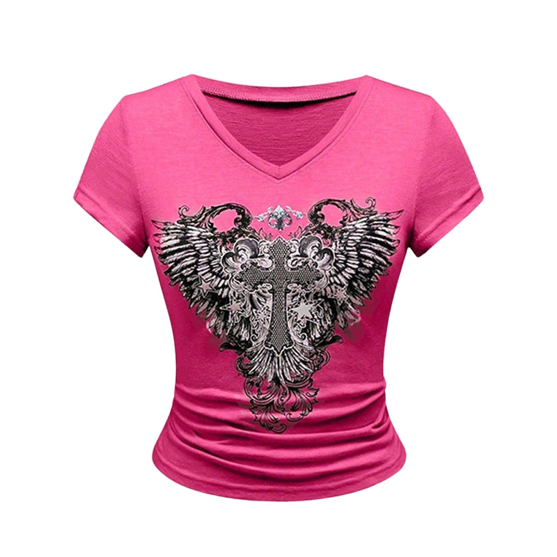 Layla - T-shirt z Graficznym Wzorem i Dekoltem w Serek