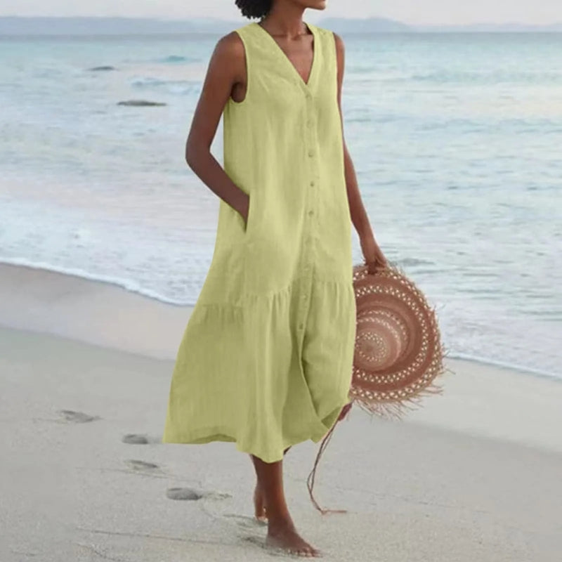 Robe mini sans manches à col en V avec boutons sur le devant et poches pour femme