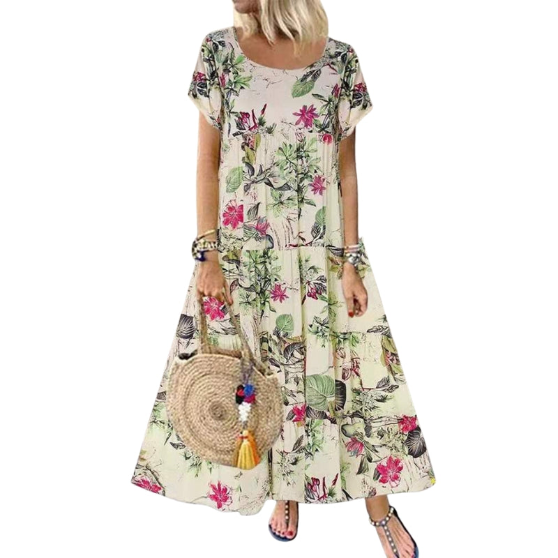 Daisy - Rochie maxi în formă de A cu imprimeu floral, guler rotund și buzunare