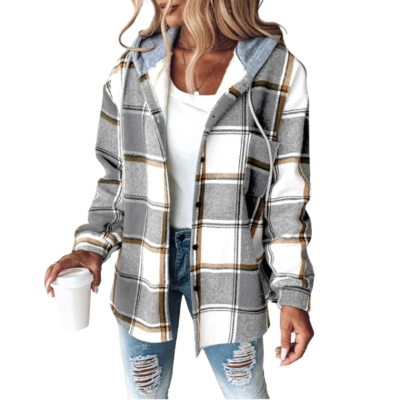 Amelia - Hooded Jacket with Button Closure and Check Pattern