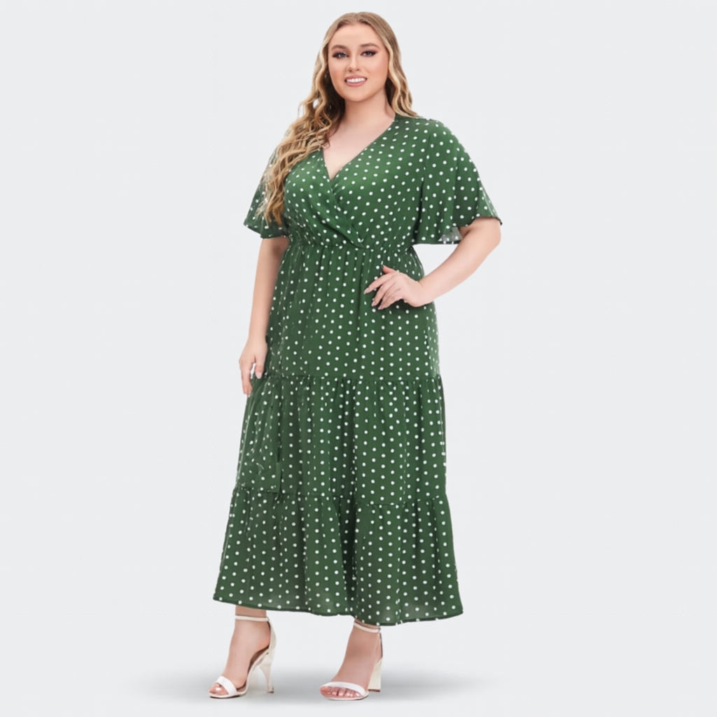 Ingrid - Sukienka maxi plus size w stylu boho w groszki z dekoltem w serek