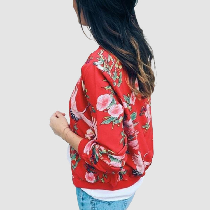 Leona - Floral Print Jacket with Long Sleeves and Zipper Closure