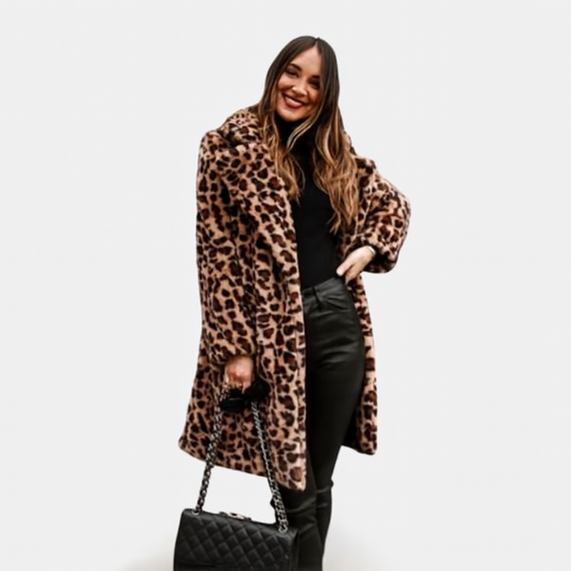 Leona – Leopard print faux fur coat with lapel collar