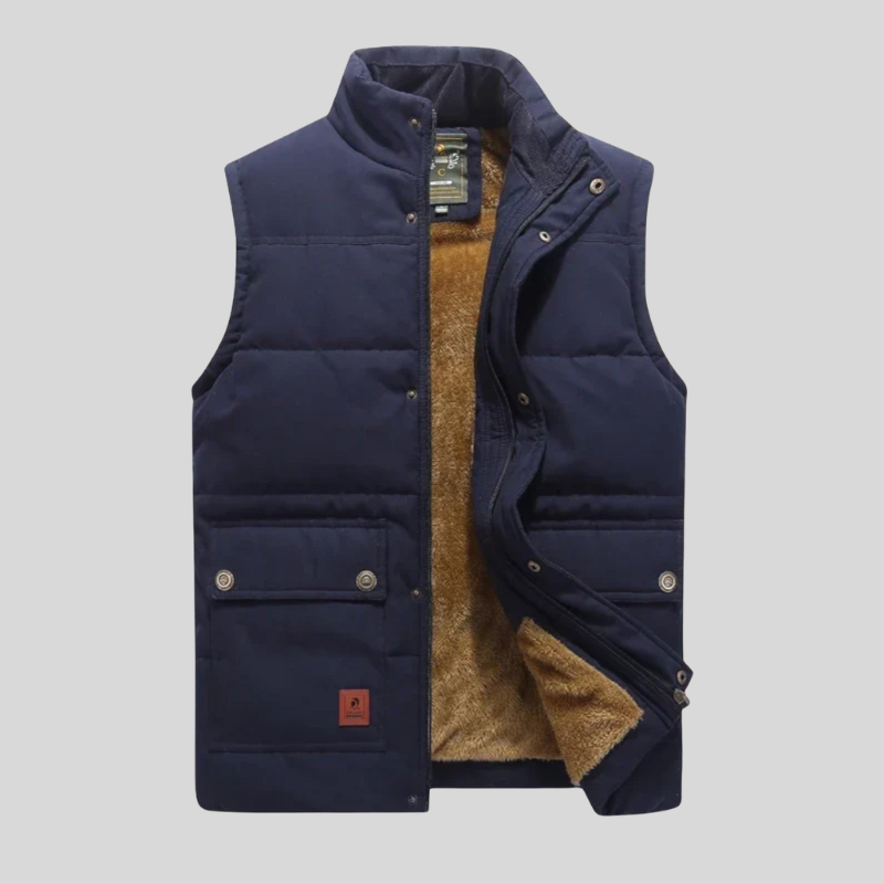 Men's Sleeveless Jacket with Button and Zip Closure