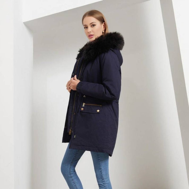 Naomi – Long Sleeve Fur Hooded Coat with Buttons