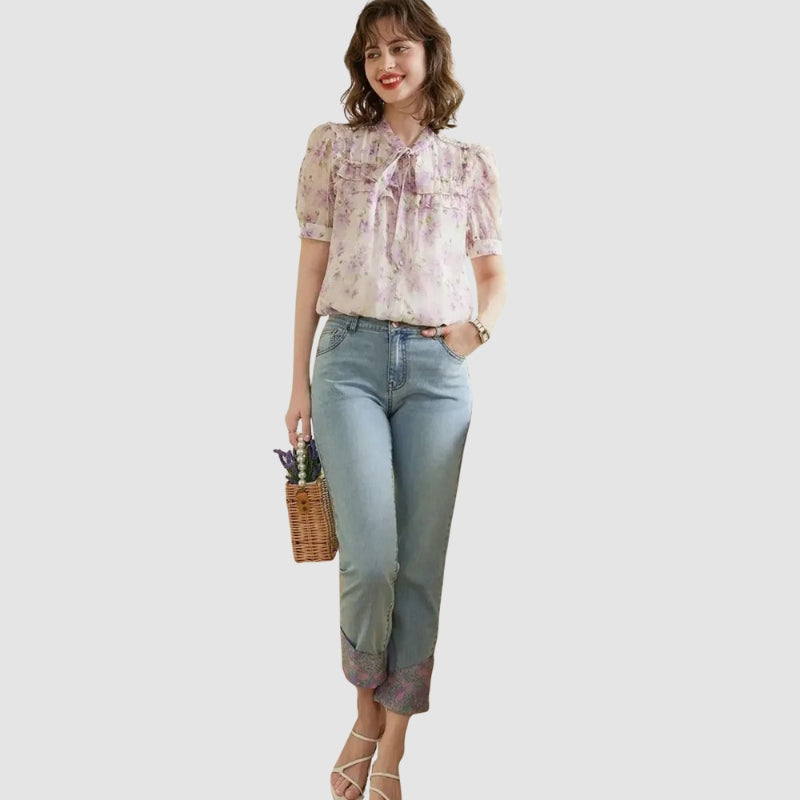 Emily – Short Sleeve Floral Blouse with Tie and Pearl Accents