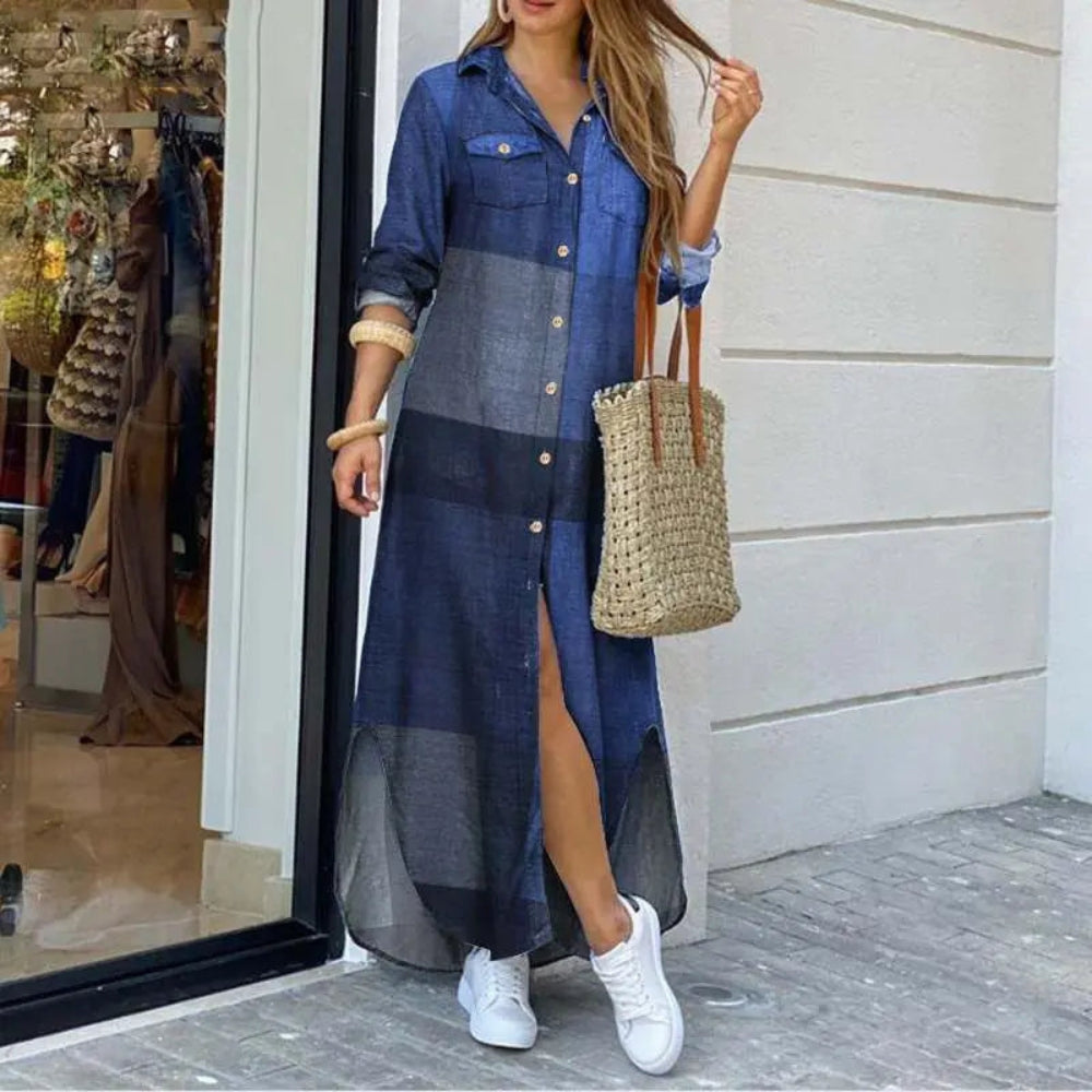 Maria – Robe chemise longue et stylée à manches longues avec fermeture boutonnée devant