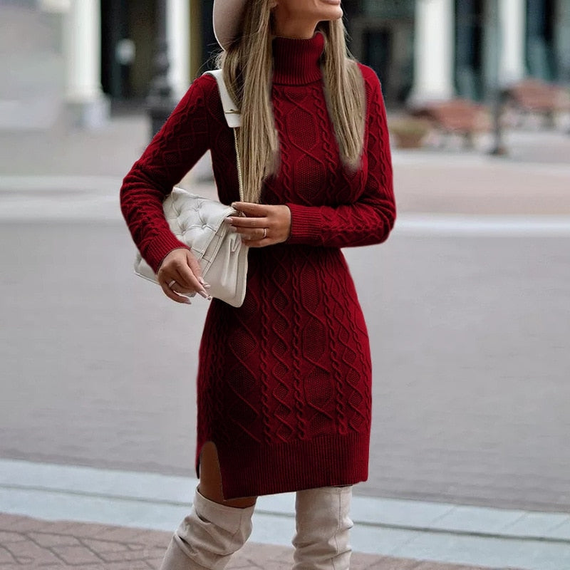 Karen - Lange Mouwen trui Jurk met Ronde Hals en Geribd Detail