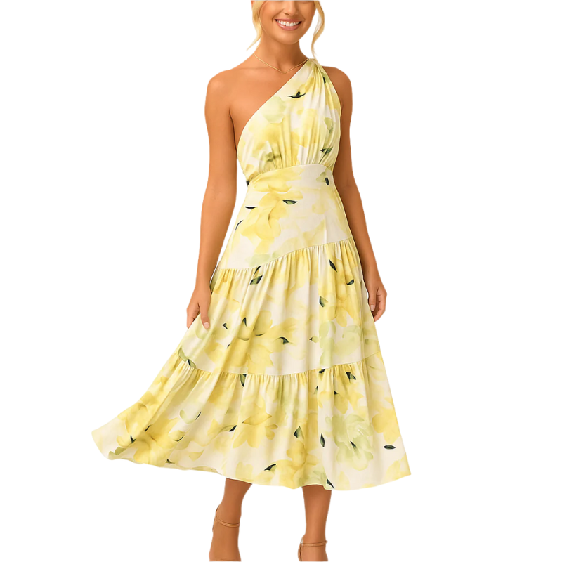 Isabelle – Light Midi Dress with Floral Print, One Shoulder, and Layered Skirt