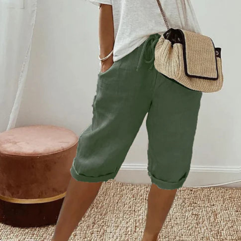 Pantaloni Capri pentru femei cu talie cu șnur ajustabil