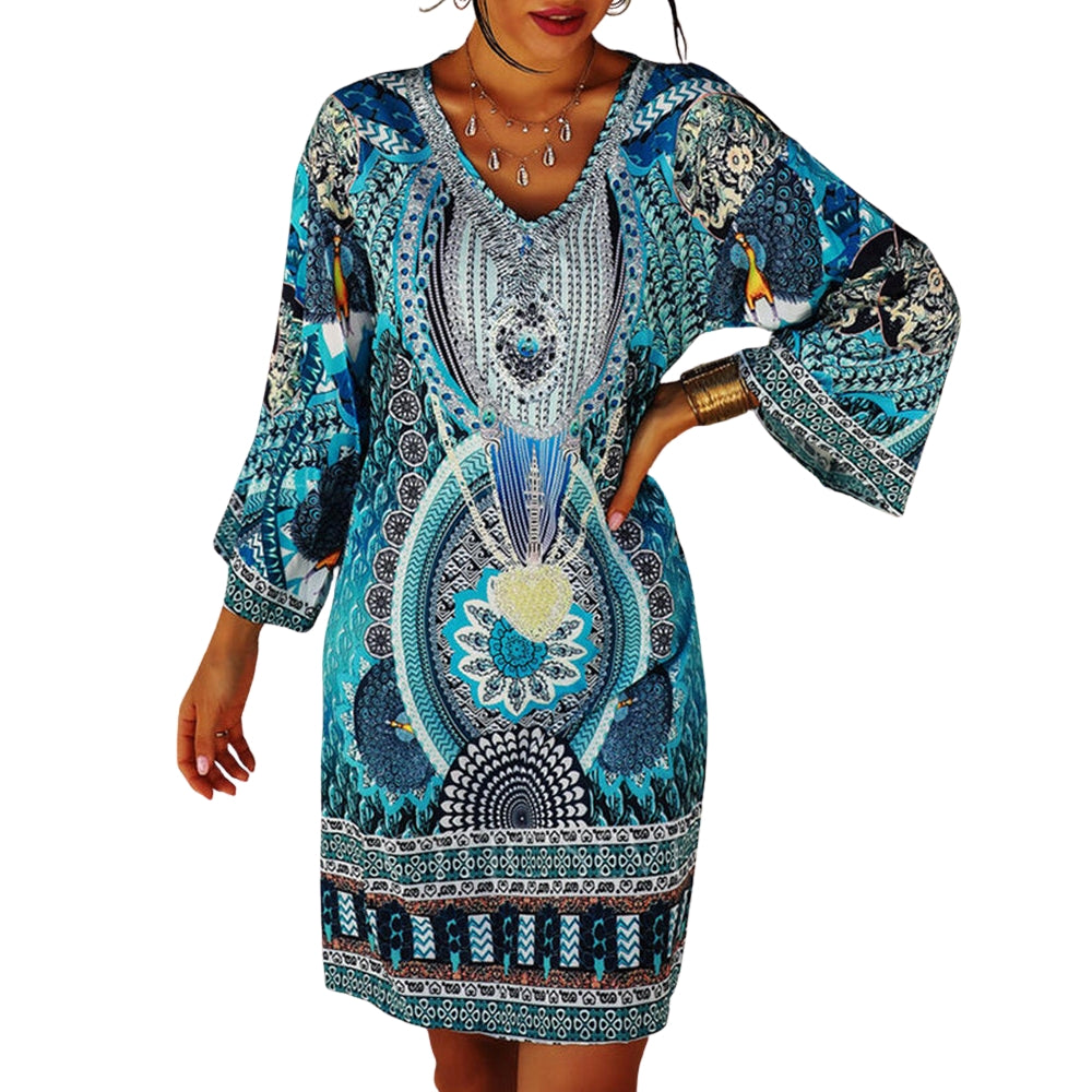 Liana - Mini-robe bohème élégante à col en V et manches longues