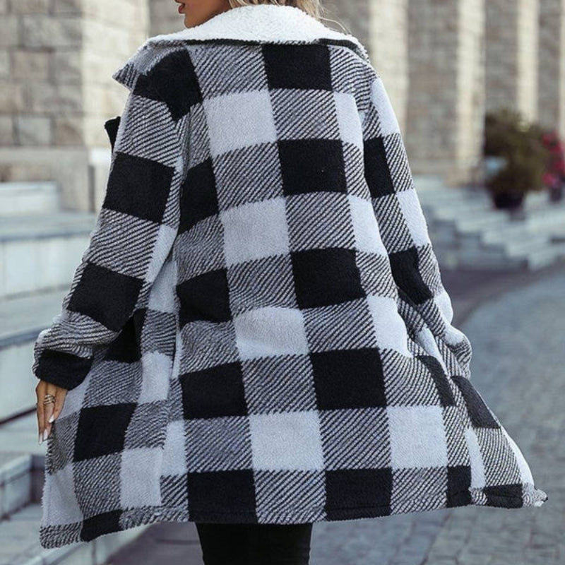 Jasmine – Long Sleeve Mid-Length Coat with Plaid Design