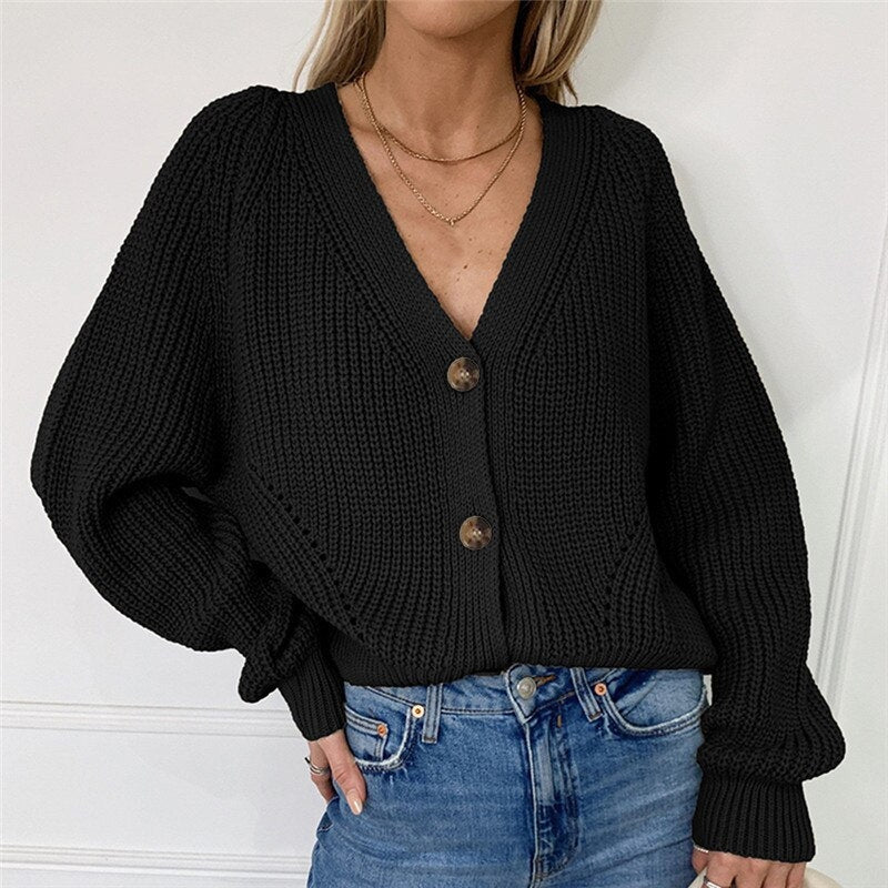 Patricia - Lange Mouw Cardigan met V Hals en Knopen