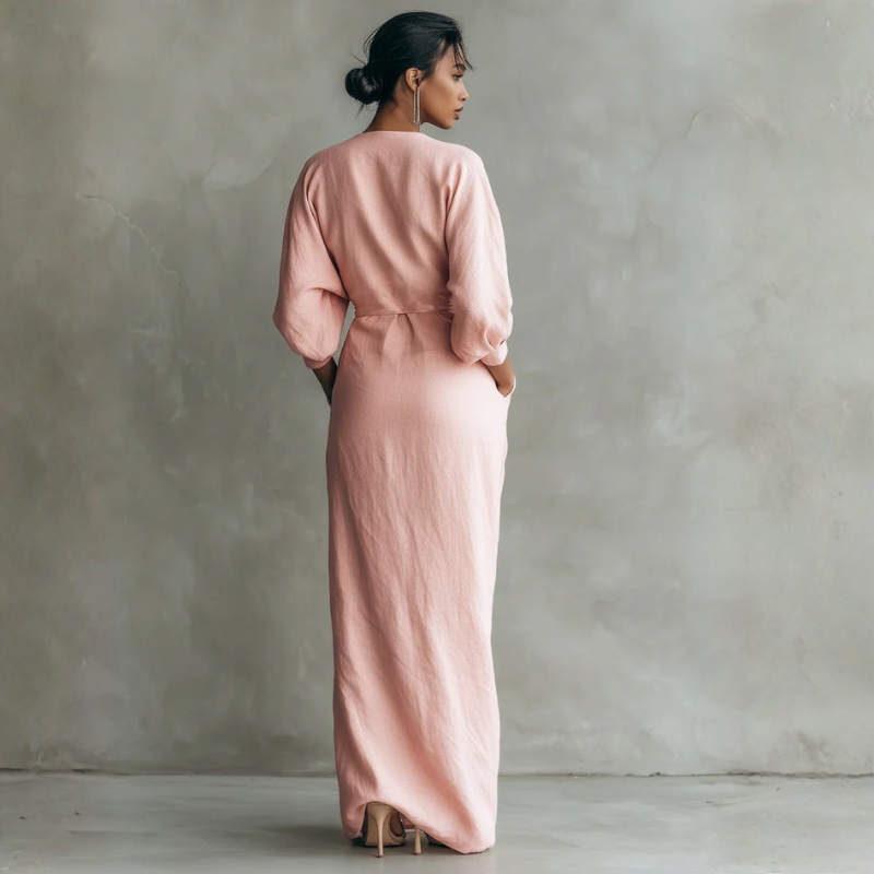 Robe longue pour femme à col en V avec taille drapée