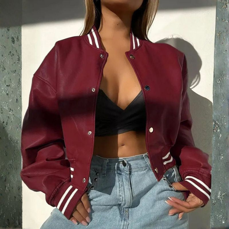 Cropped Leather Jacket Round Neck Button Closure